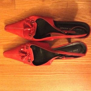 Red Pointed Toe, Sling Back Shoes.